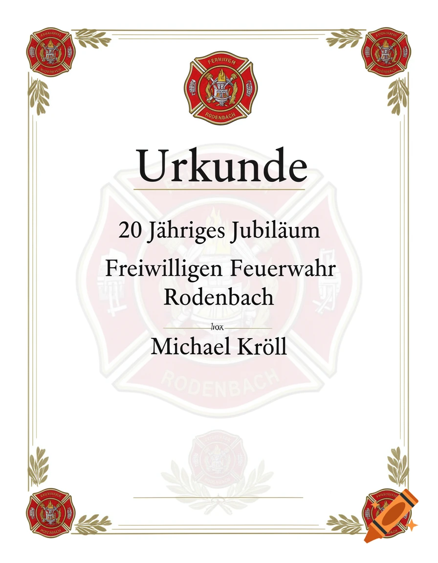 A formal certificate for a 20-year anniversary of the voluntary fire department in Rodenbach, featuring a red fire emblem and black text.