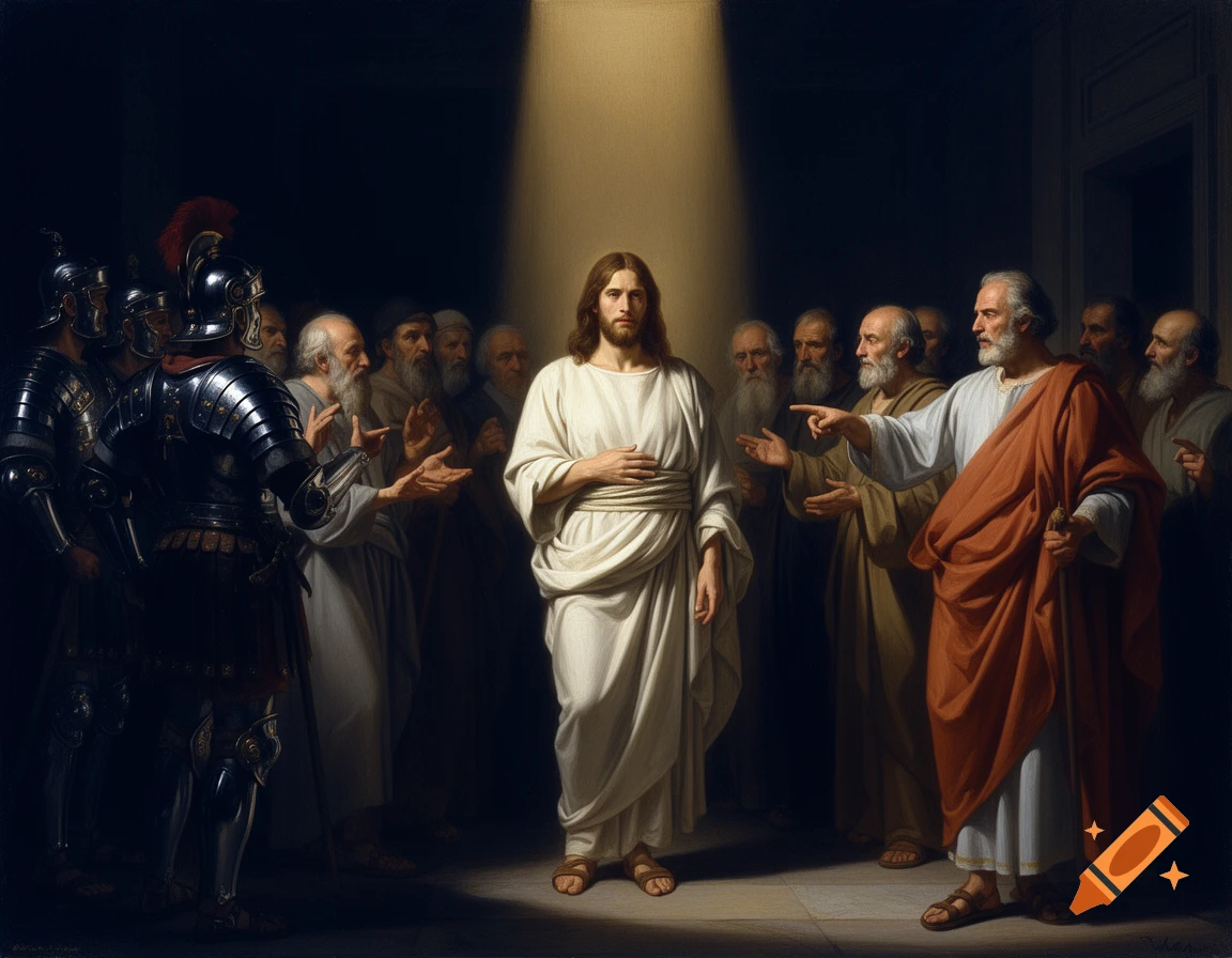 Classical painting style depiction of Jesus standing in a beam of light surrounded by Roman soldiers and Jewish elders, with Pontius Pilate pointing at him.