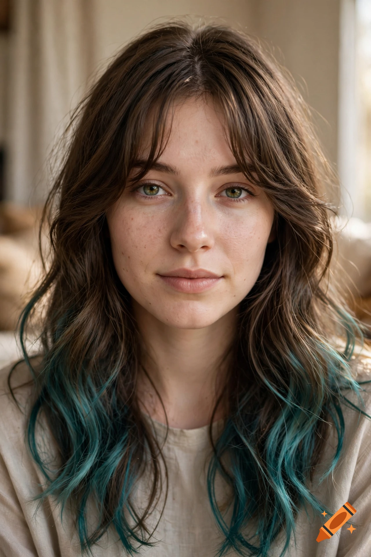 Close-up photorealistic portrait of a young woman with brown wavy hair, curtain bangs, and teal tips.