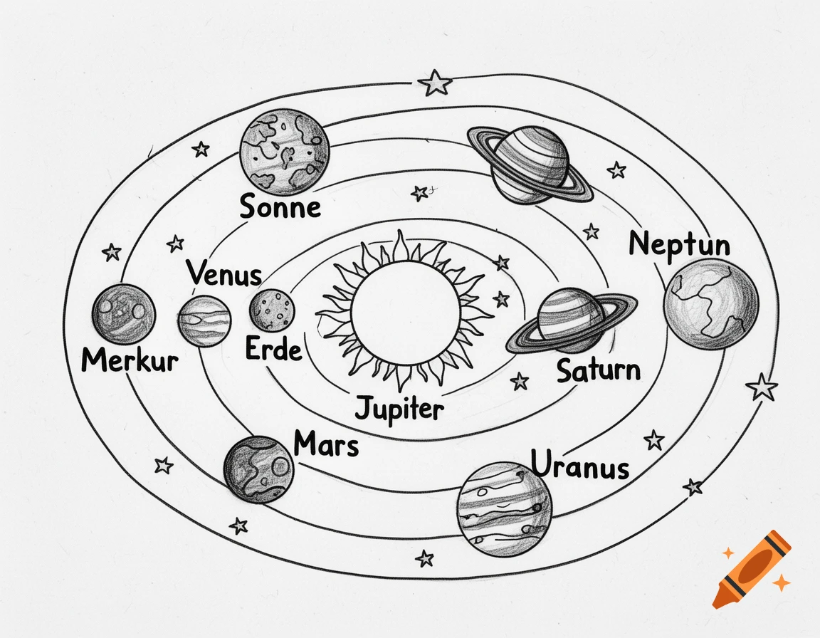 Hand-drawn black and white sketch of the solar system with the sun in the center and planets labeled in German.
