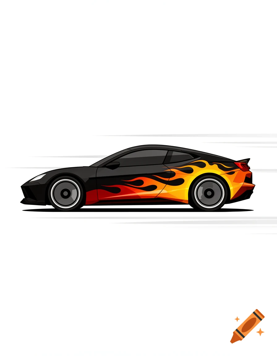 Vector illustration of a black sports car with yellow and red flame graphics on the side, moving fast on a white background.