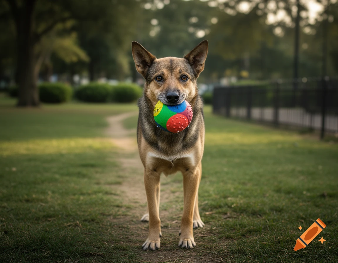 A photorealistic German Shepherd standing in a grassy park holding a colorful textured ball in its mouth.