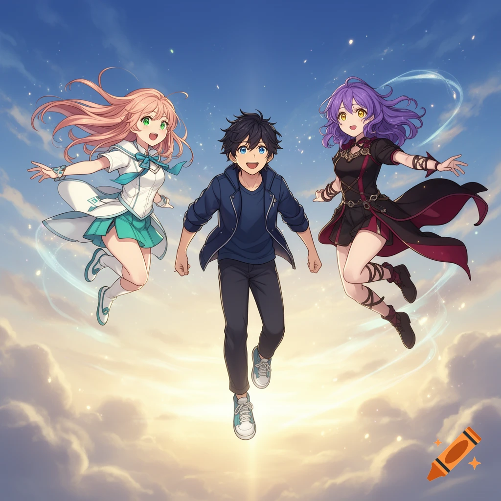 Anime illustration of a boy and two girls floating in the air against a cloudy sky at sunset.
