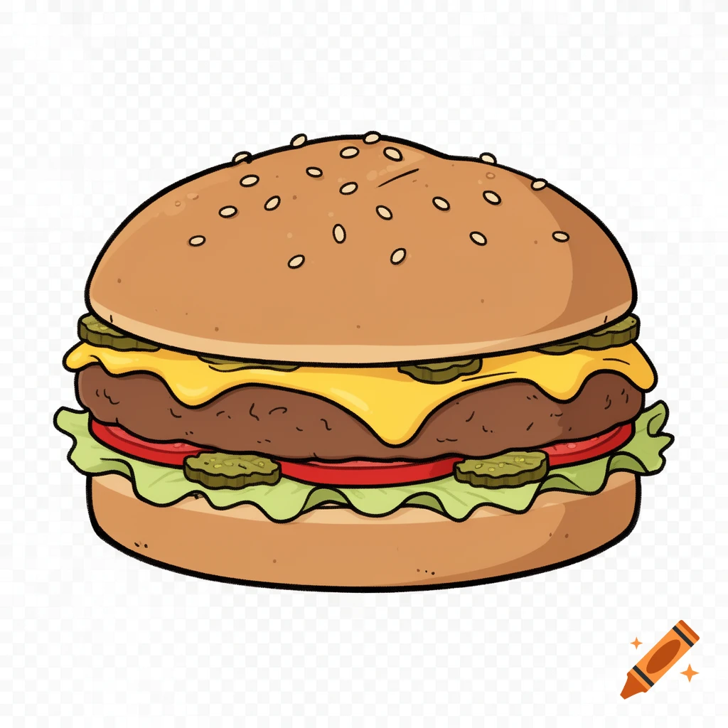 Digital illustration of a cheeseburger with lettuce, tomato, pickles, melted cheese, and a sesame seed bun on a transparent background.