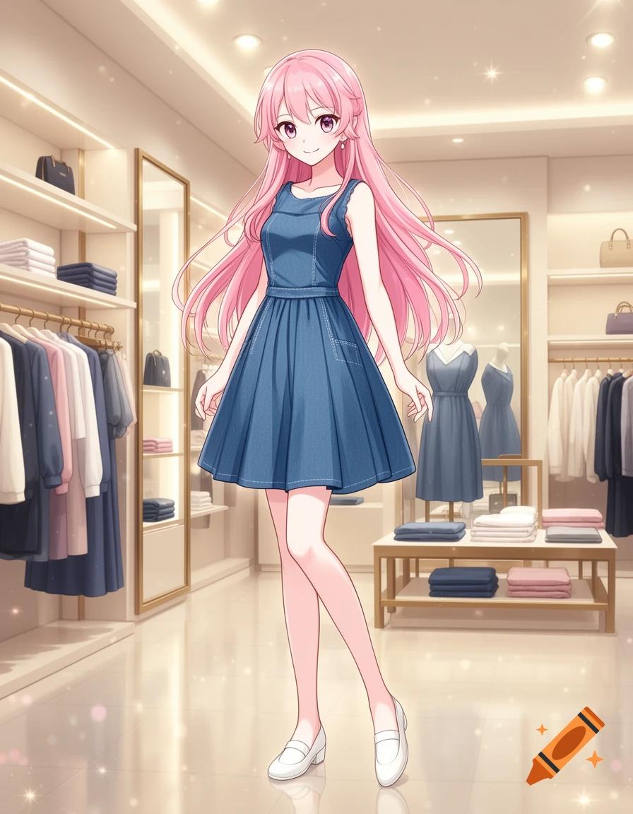 An anime girl with long pink hair wearing a blue denim dress and white shoes inside a clothing store.