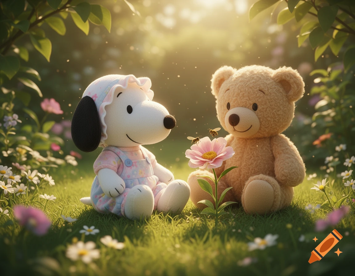 A Snoopy plush toy dressed as a baby sitting in a sunny garden next to a teddy bear looking at a pink flower with bees, photorealistic style.