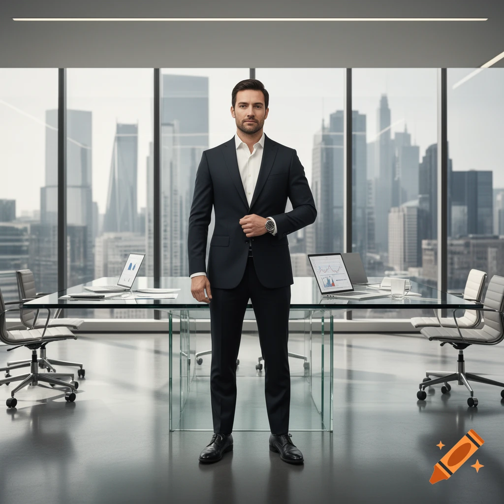 Photorealistic full-body portrait of a businessman in a dark suit standing in a modern office with city skyline view.