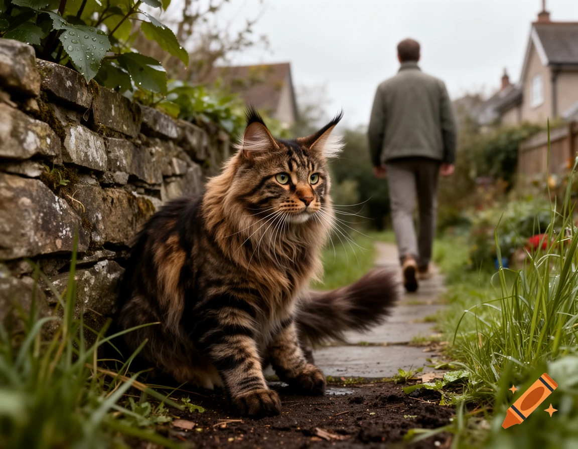 Photorealistic Maine Coon cat sitting on a path next to a stone wall while a person walks away in the background.
