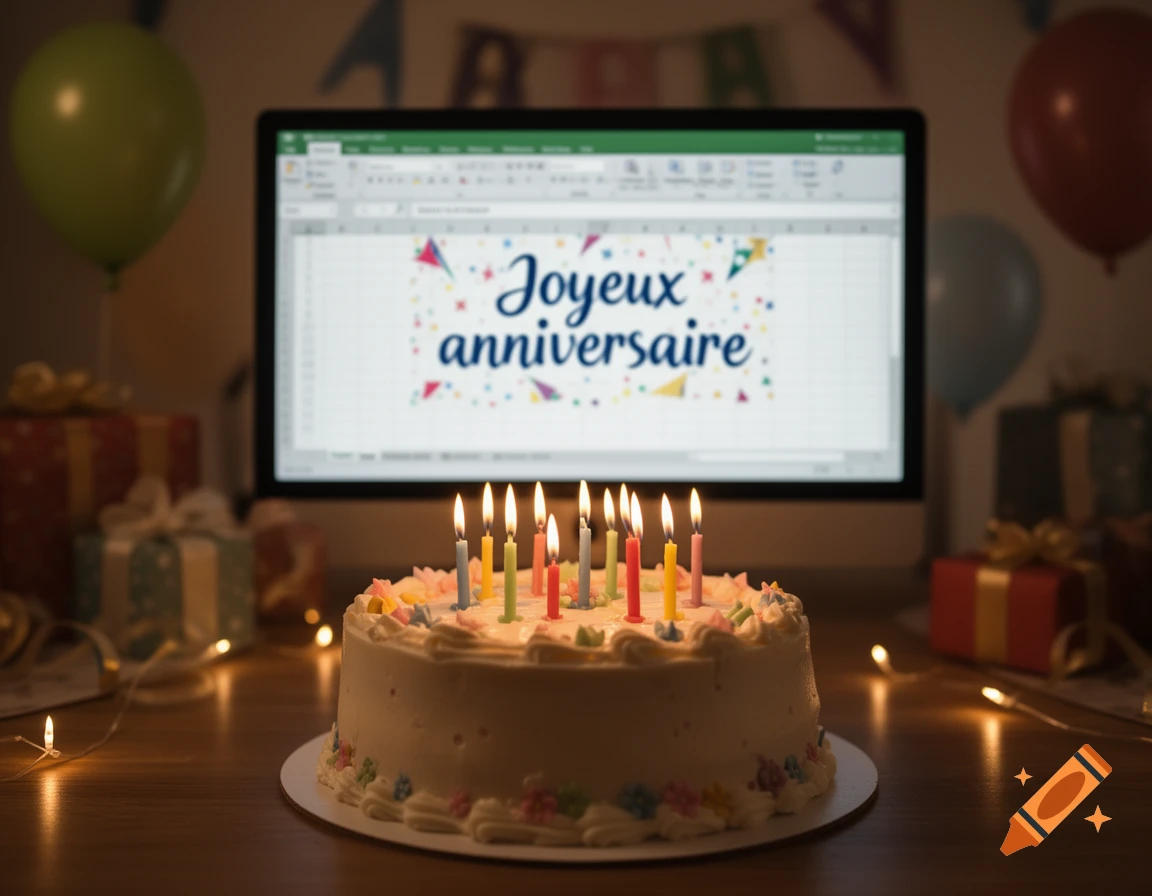 Birthday cake with lit candles on a table in front of a computer screen displaying 'Joyeux anniversaire', photorealistic.