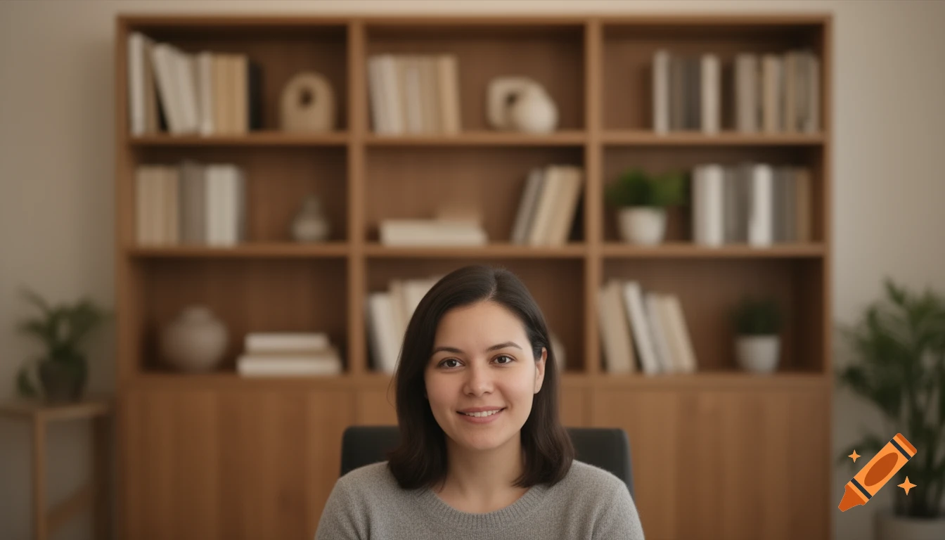 A smiling woman with dark hair in a grey sweater in front of a blurred bookshelf in a home office.