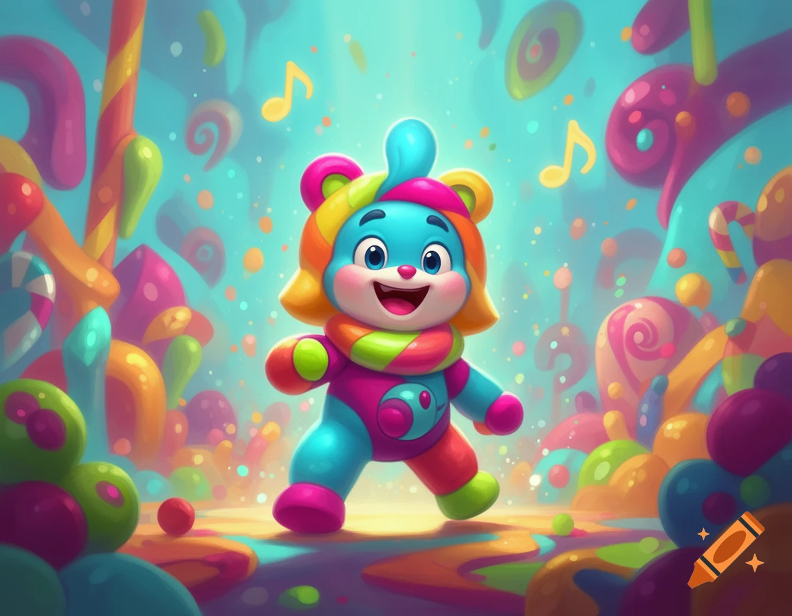 Colorful cartoon creature with a blue body and a rainbow hat in a candy-filled fantasy landscape.