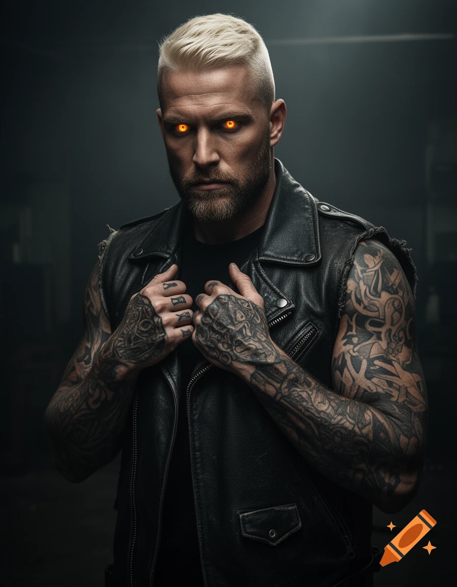 Photorealistic portrait of a tough outlaw biker with glowing amber eyes, short blonde hair, heavy tattoos, and a black leather vest.
