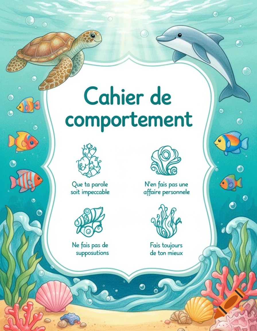 Colorful underwater illustration with a sea turtle, dolphin, fish, and French text about behavioral agreements.