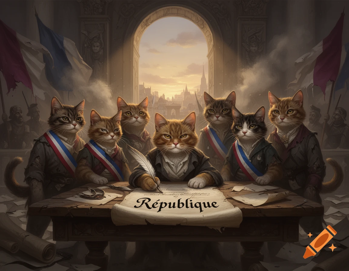 Digital painting of a group of anthropomorphic cats dressed in revolutionary-era French attire, signing a document labeled 'République'.