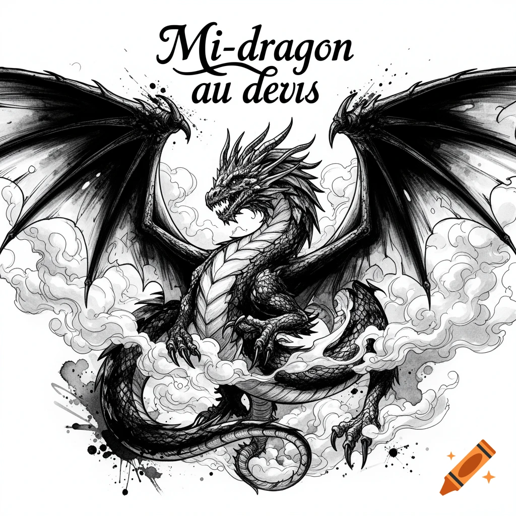Black and white ink drawing of a detailed dragon surrounded by clouds and smoke, with stylized text at the top.