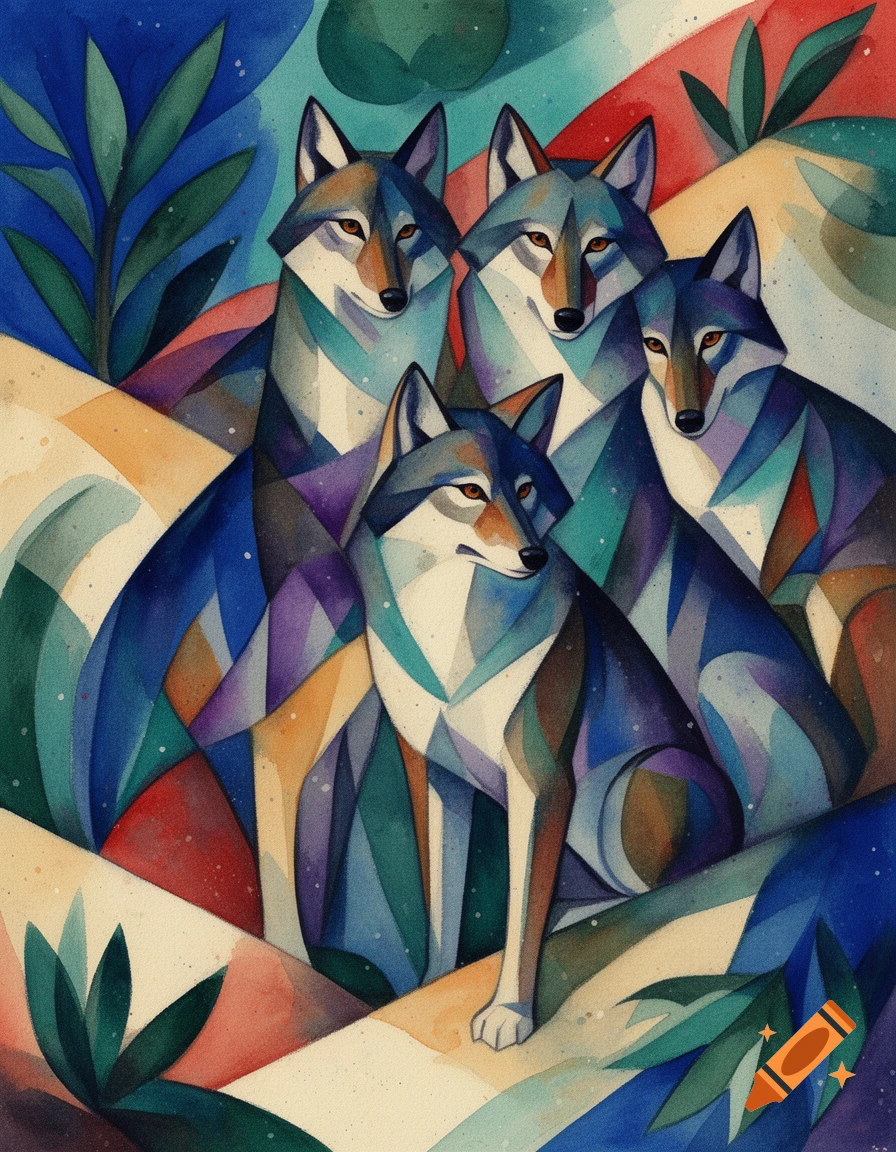 Watercolor and gouache painting of four wolves in a geometric style inspired by Franz Marc, with vibrant blue, green, and red tones.