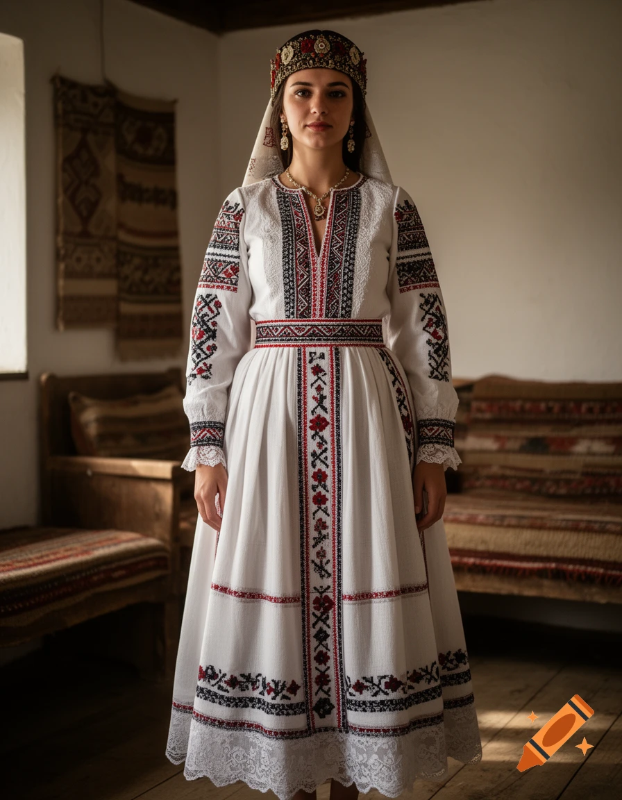 A photorealistic portrait of a woman standing indoors wearing an intricate traditional white Romanian wedding dress with embroidered details and a headdress.
