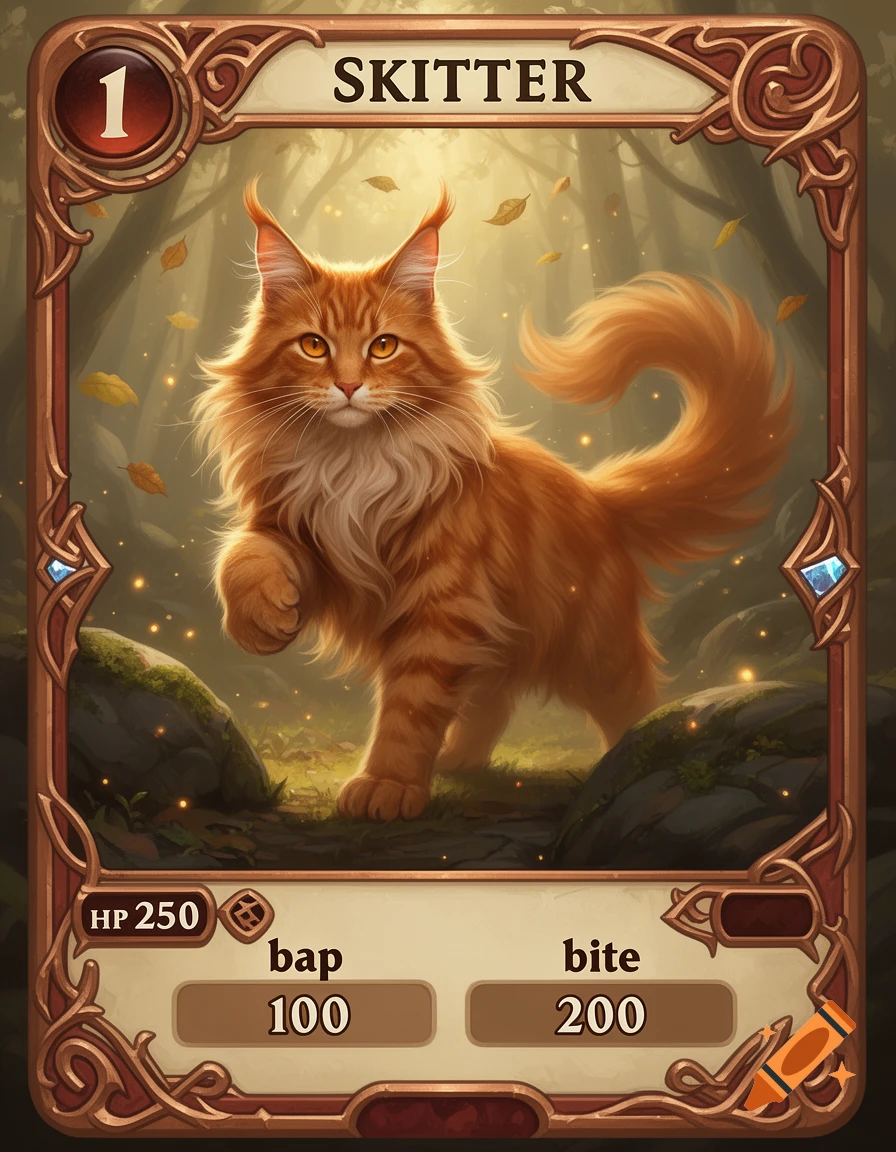 Fantasy trading card featuring an orange Maine Coon cat named Skitter with HP 250 and attacks bap and bite.