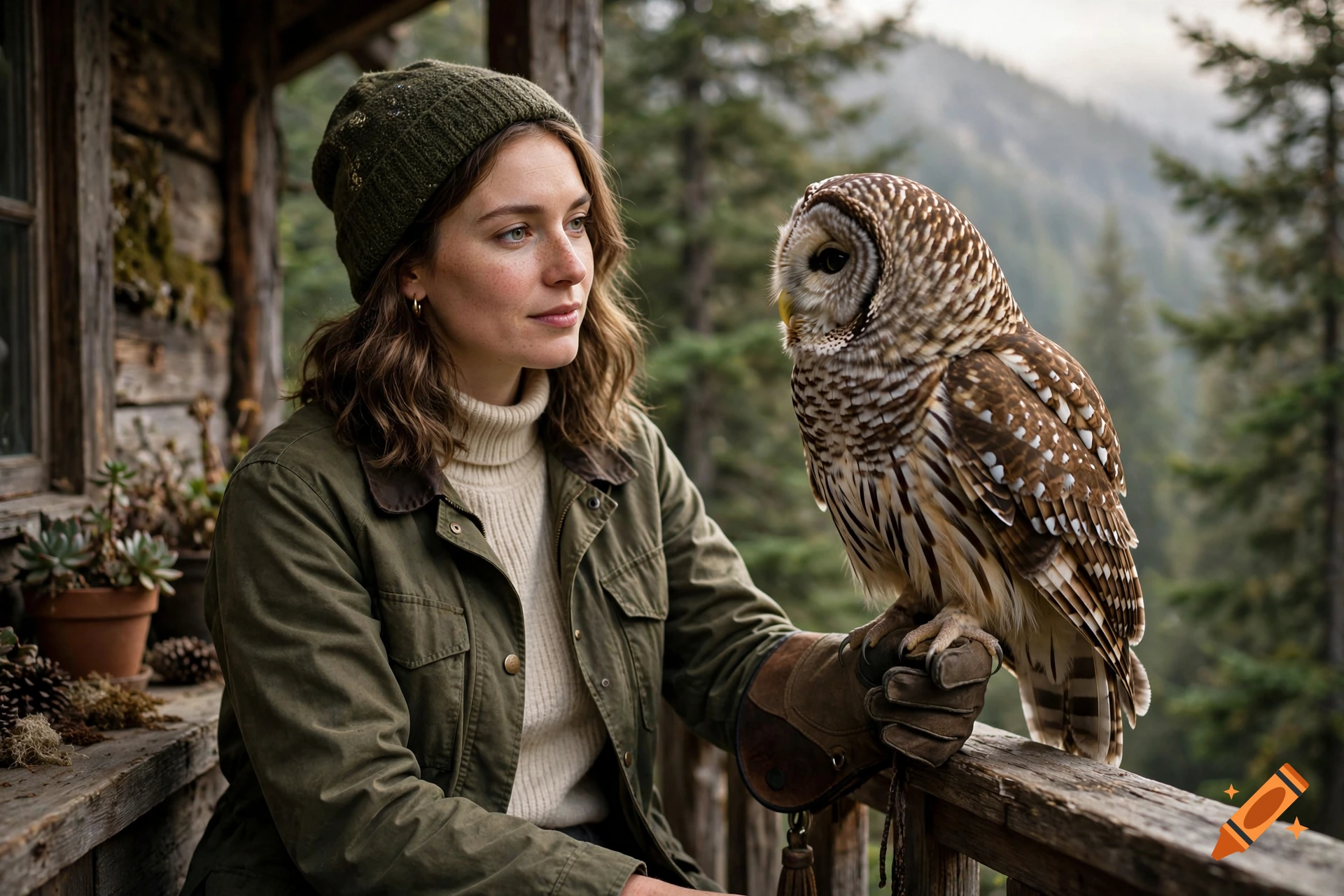 A photorealistic portrait of a woman in a green jacket and beanie holding a barred owl on her gloved hand on a cabin porch.