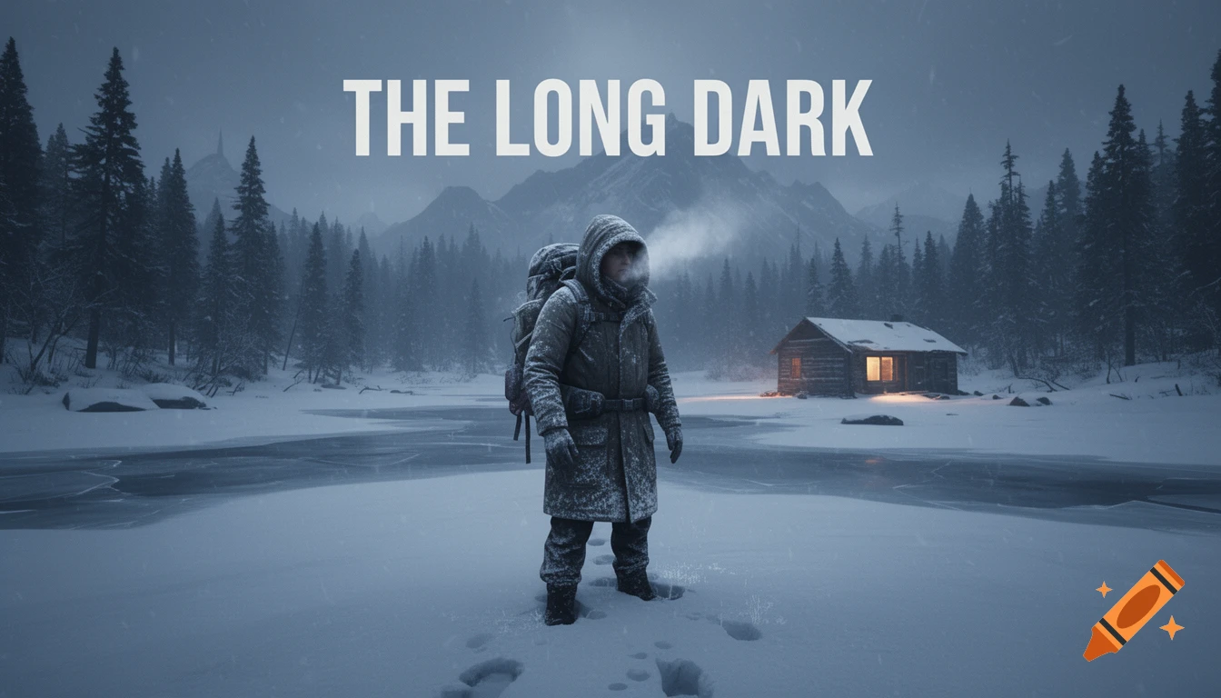 A lone survivor in a heavy winter coat with a backpack stands in snow, with a lit cabin in the background, under the title THE LONG DARK.