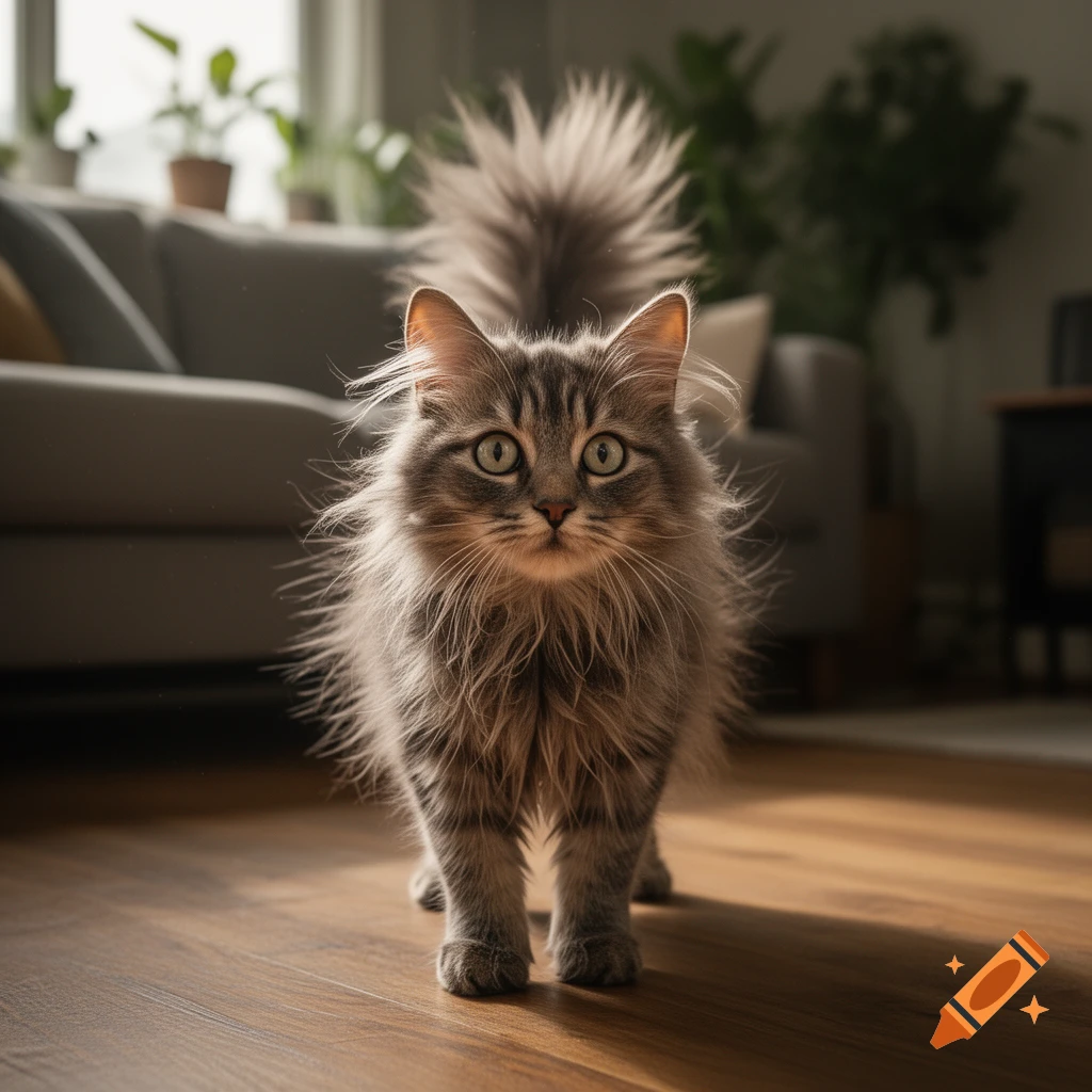 A fluffy tabby cat standing on a wooden floor in a living room, looking directly at the camera with wide eyes.