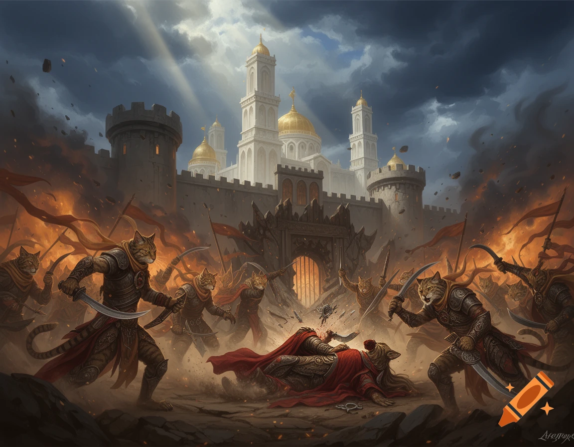 Digital painting of cat-like humanoid warriors in armor fighting in front of a grand fantasy castle with golden domes.