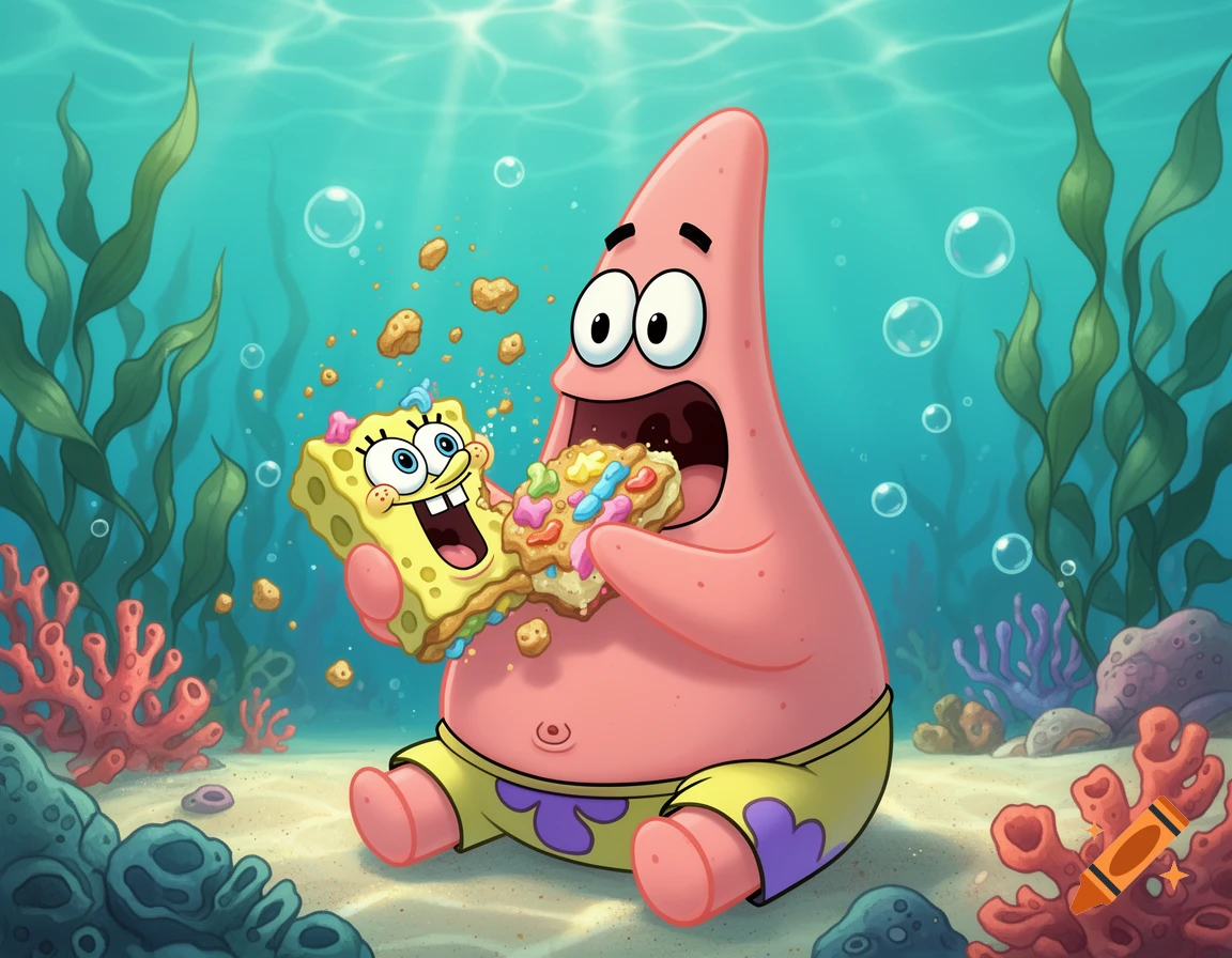 Digital illustration of Patrick Star eating a smiling Spongebob Squarepants under the ocean surrounded by bubbles and coral.
