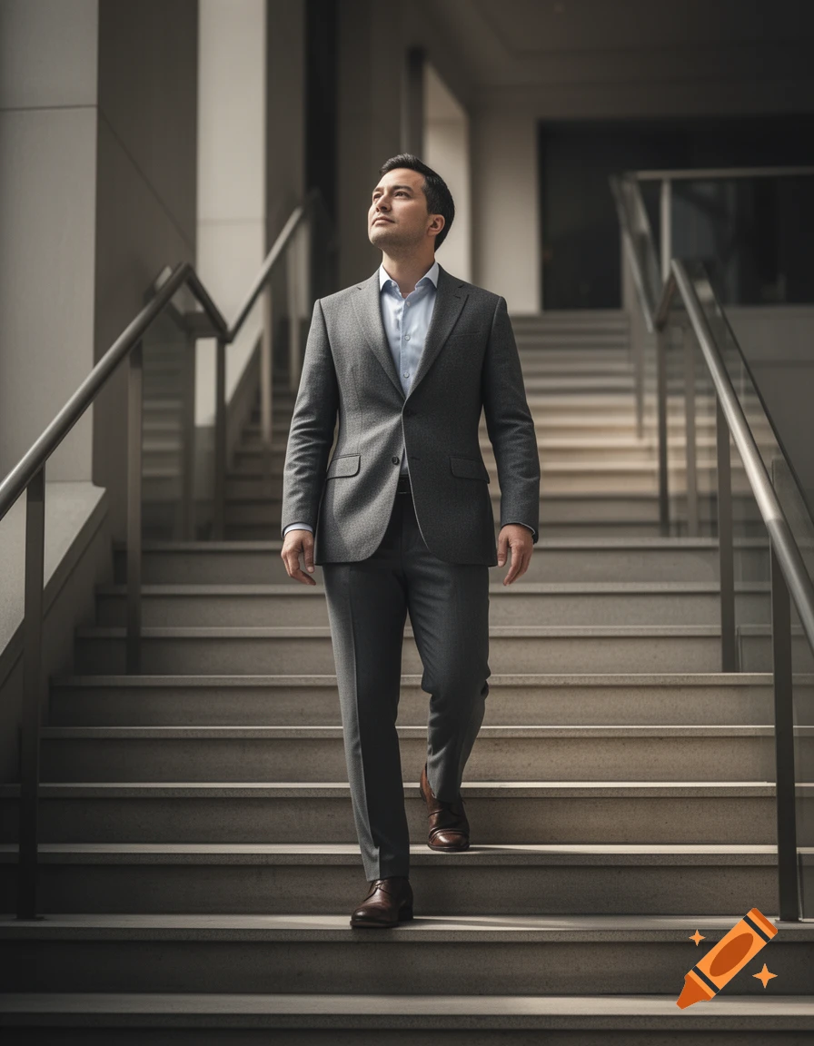 Photorealistic shot of a man in a grey suit walking down indoor stone stairs.