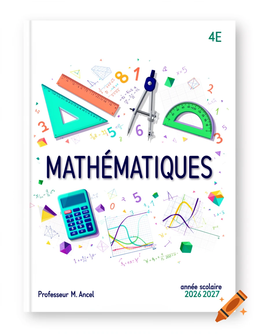 Colorful math school notebook cover featuring geometrical tools, calculators, graphs, and the text 'MATHÉMATIQUES'.