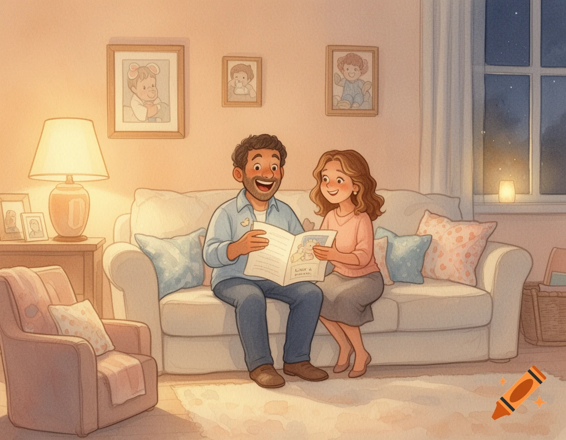 Watercolor illustration of a man and woman sitting on a sofa in a cozy living room at night, reading a book together.