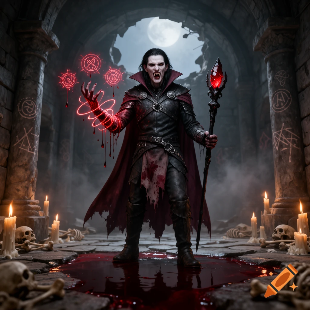 A photorealistic depiction of a male vampire warlock standing in a ruined dungeon, casting blood magic with red runes floating above his hand.