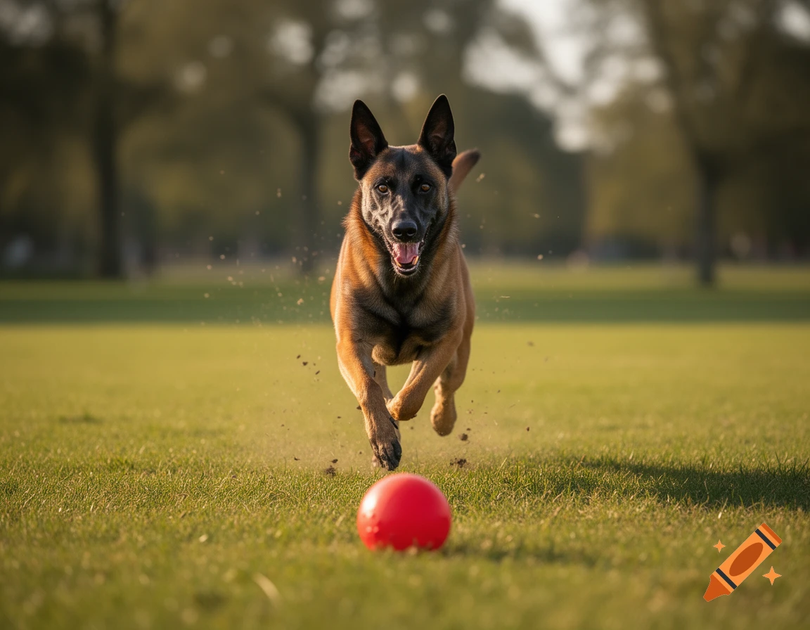 Photorealistic image of a Belgian Malinois dog running across a grassy field towards a red ball.