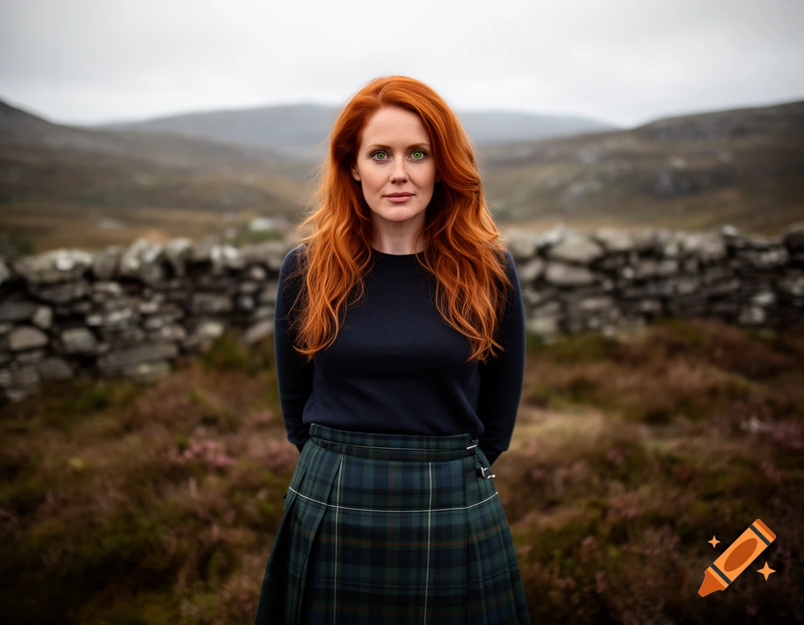 Photorealistic portrait of a woman with vibrant red hair and green eyes, wearing a dark sweater and a plaid kilt, standing outdoors in front of a stone wall and rolling hills.