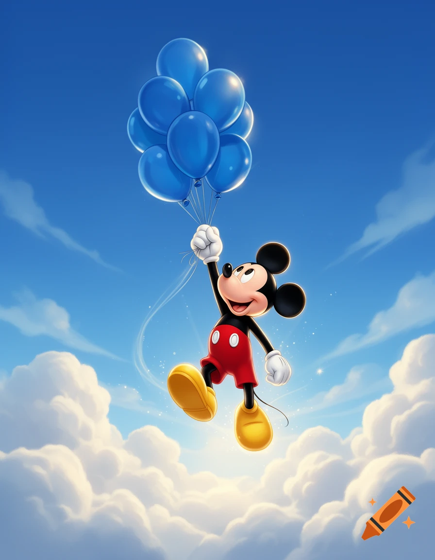Mickey Mouse holding a bunch of blue balloons and floating up through the clouds in a blue sky, digital art style.