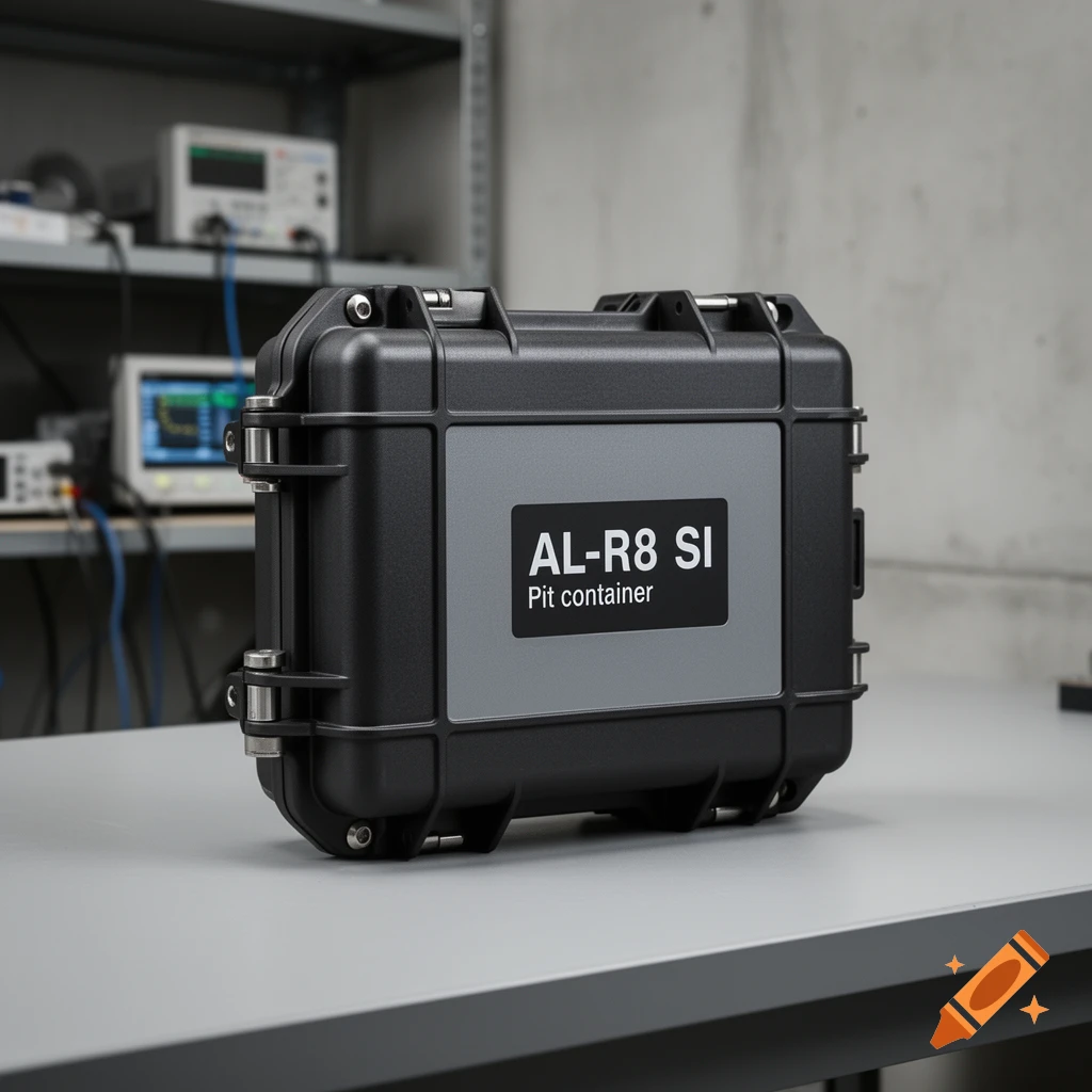 Photorealistic image of a black and grey 'AL-R8 SI Pit container' hard case resting on a light grey desk in a workshop.