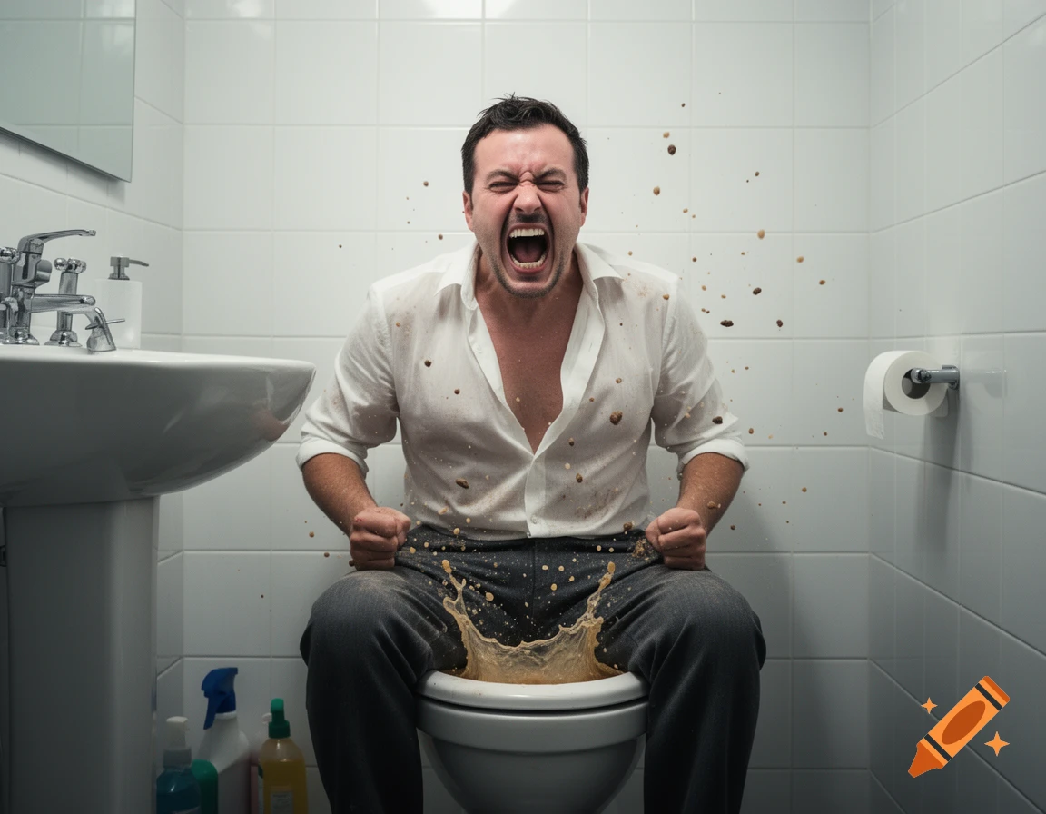 A man in a white shirt and gray pants screaming while sitting on a toilet with liquid splashing, in a tiled bathroom.