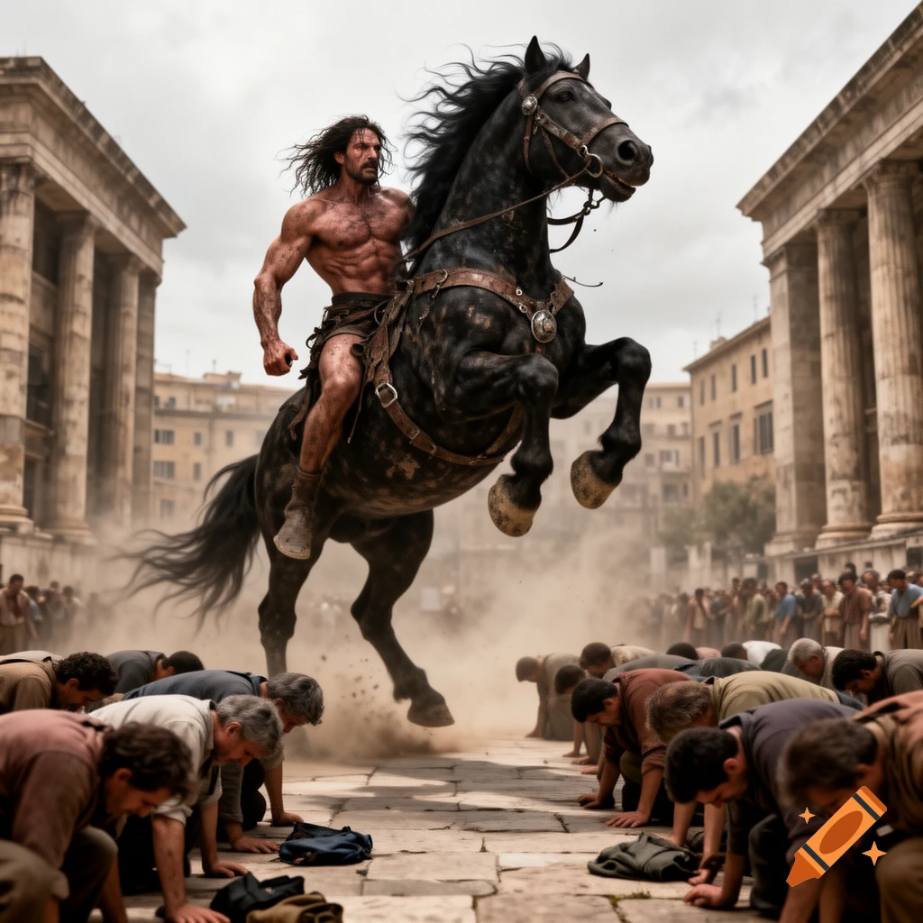 Photorealistic image of a muscular man riding a large black horse rearing up on its hind legs before a bowing crowd in an ancient plaza.