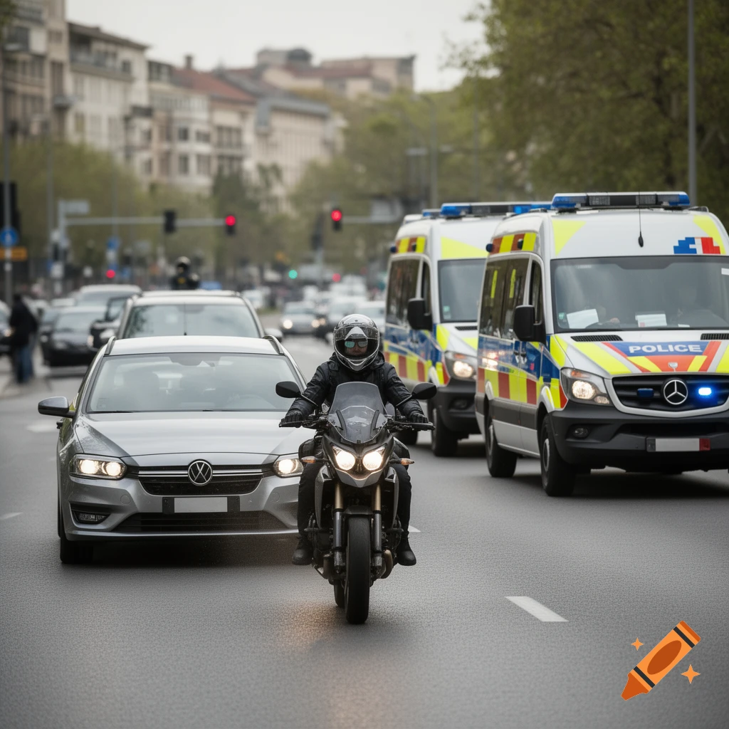 Photorealistic image of a motorcycle followed by a car and two police vans on a city street.