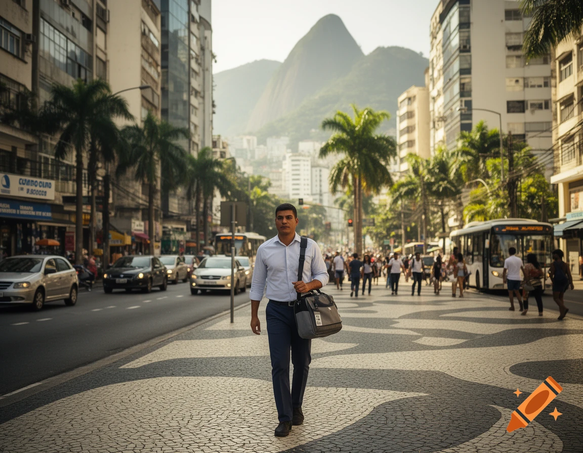Photorealistic street scene in Rio de Janeiro with a man walking in the foreground, palm trees, buildings, and mountains behind.