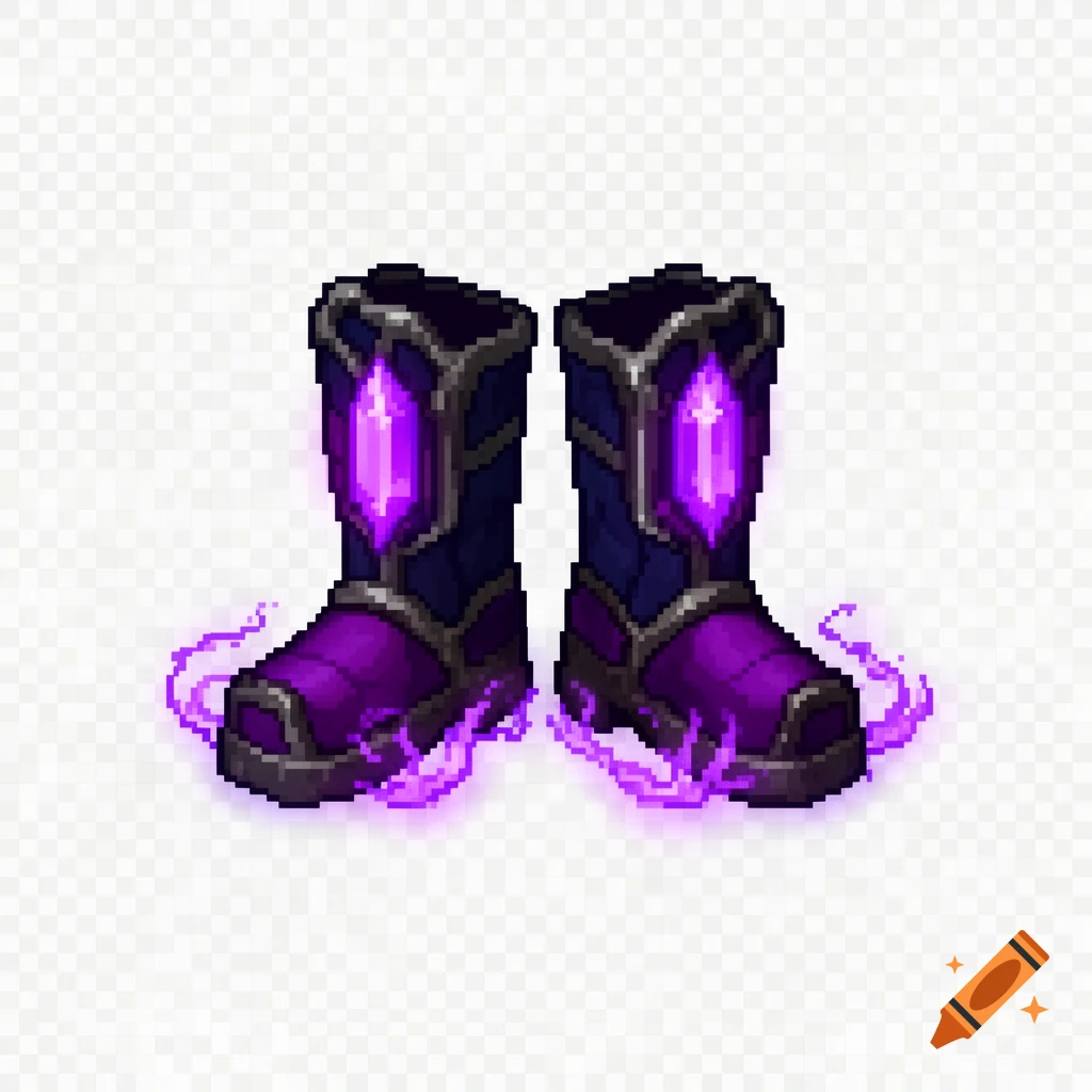 Pixel art of a pair of magical navy and purple boots with glowing violet crystals, on a transparent background.