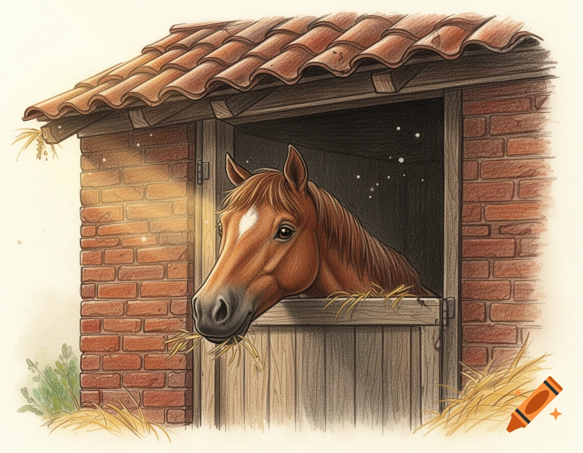 Hand-drawn style illustration of a brown horse looking out of a stable door, eating straw next to a brick wall.
