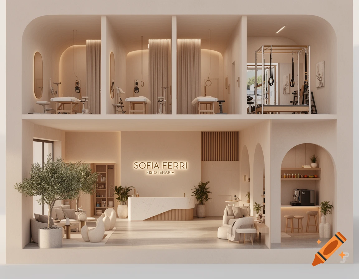 A 3D cutaway architectural render of a modern physiotherapy clinic in nude tones, featuring a reception desk and treatment rooms.