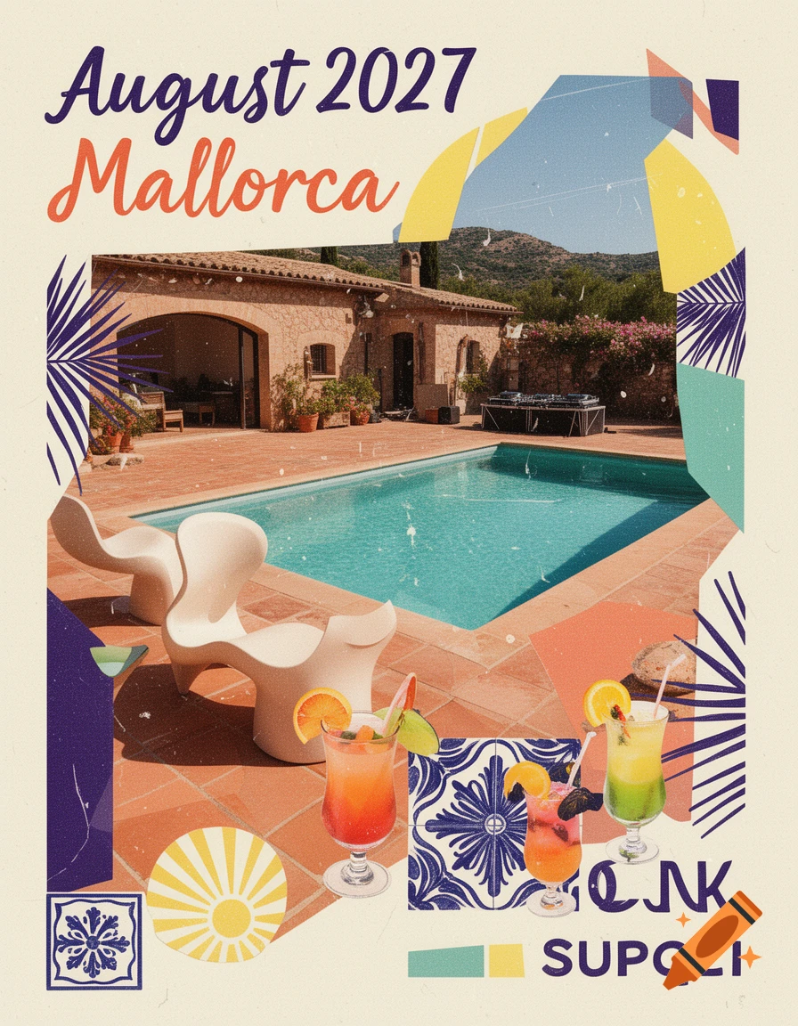 Vintage travel poster for August 2027 in Mallorca featuring a villa with a pool, cocktails, and abstract geometric shapes.