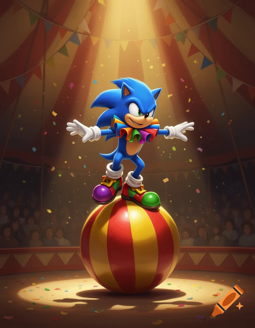 Sonic the Hedgehog dressed as a clown, balancing on a large circus ball under a spotlight inside a circus tent, digital art style.