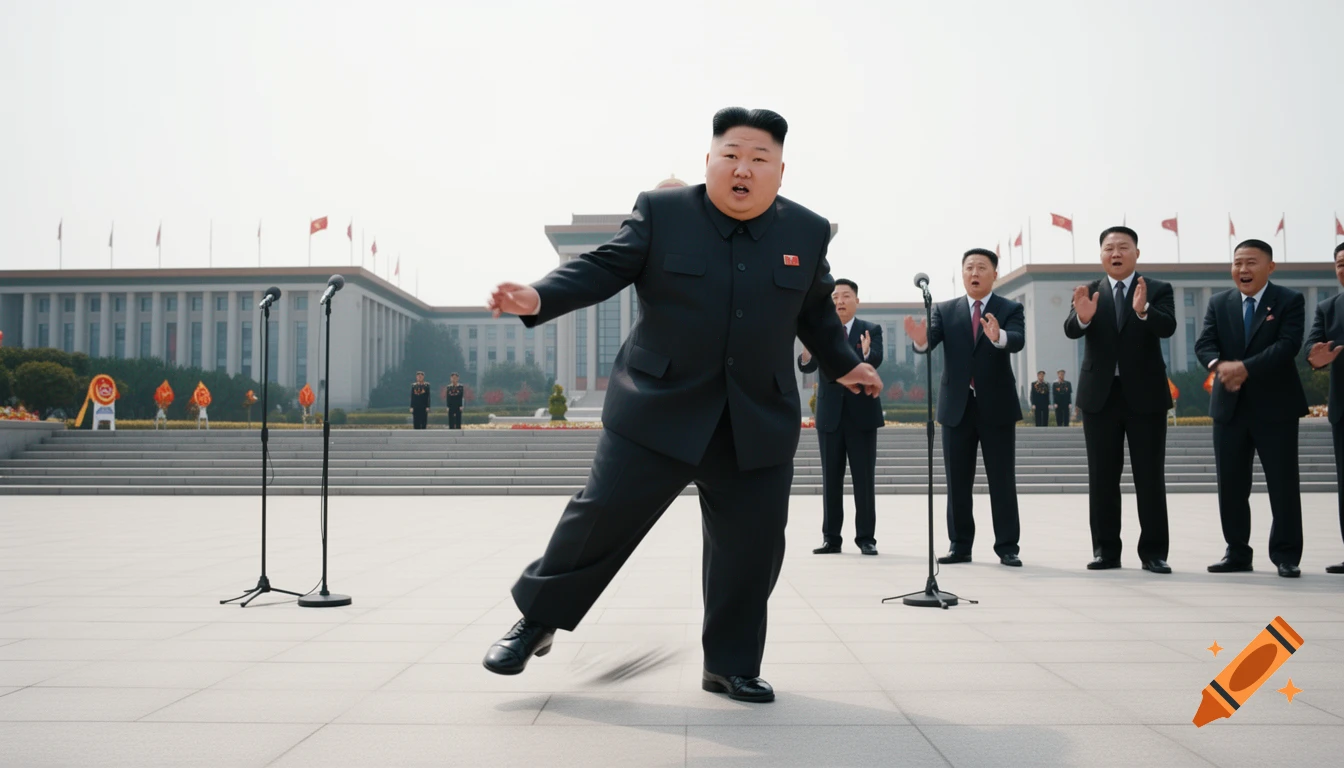 Photorealistic image of Kim Jong Un tripping and falling in a large public plaza with officials in suits watching in the background.