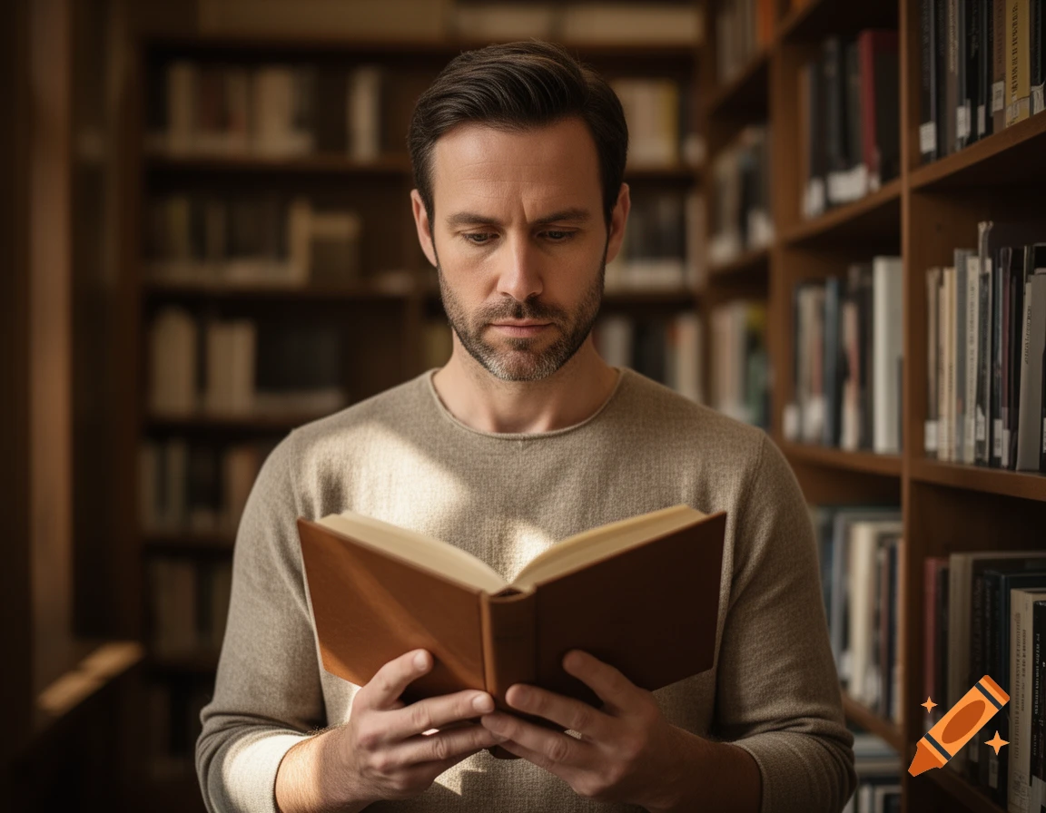 Photorealistic medium shot of a man reading a book inside a library with bookshelves in the background.