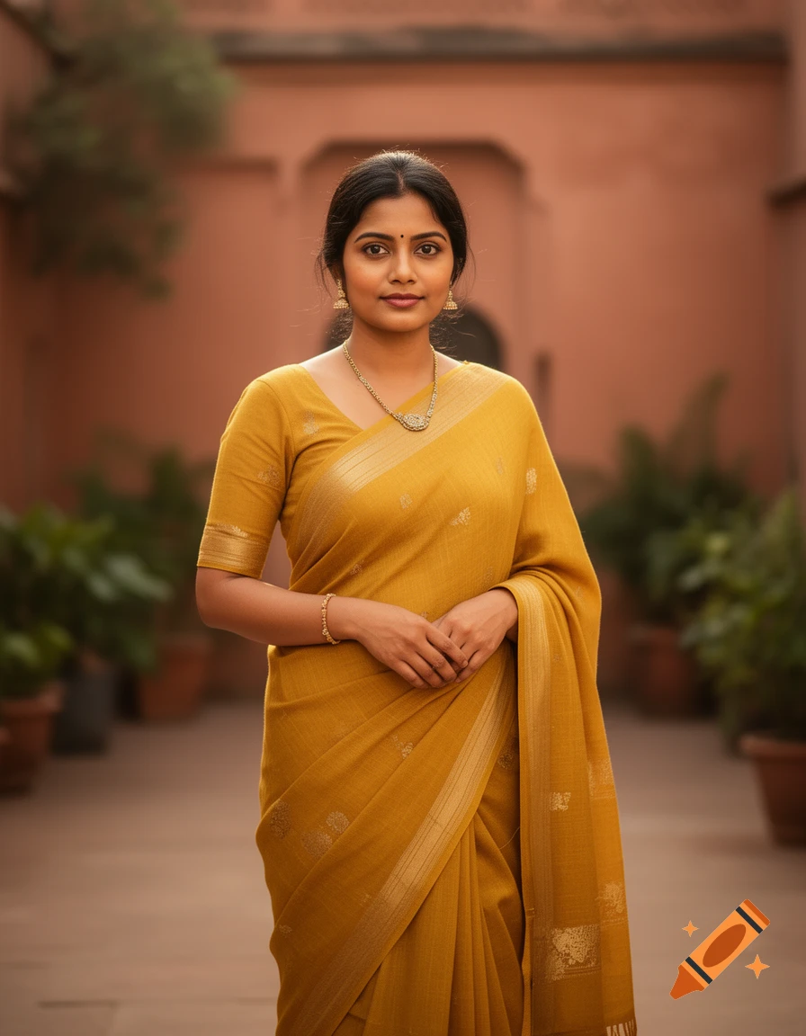A photorealistic portrait of an Indian woman wearing a traditional yellow sari and gold jewelry, standing in a courtyard.