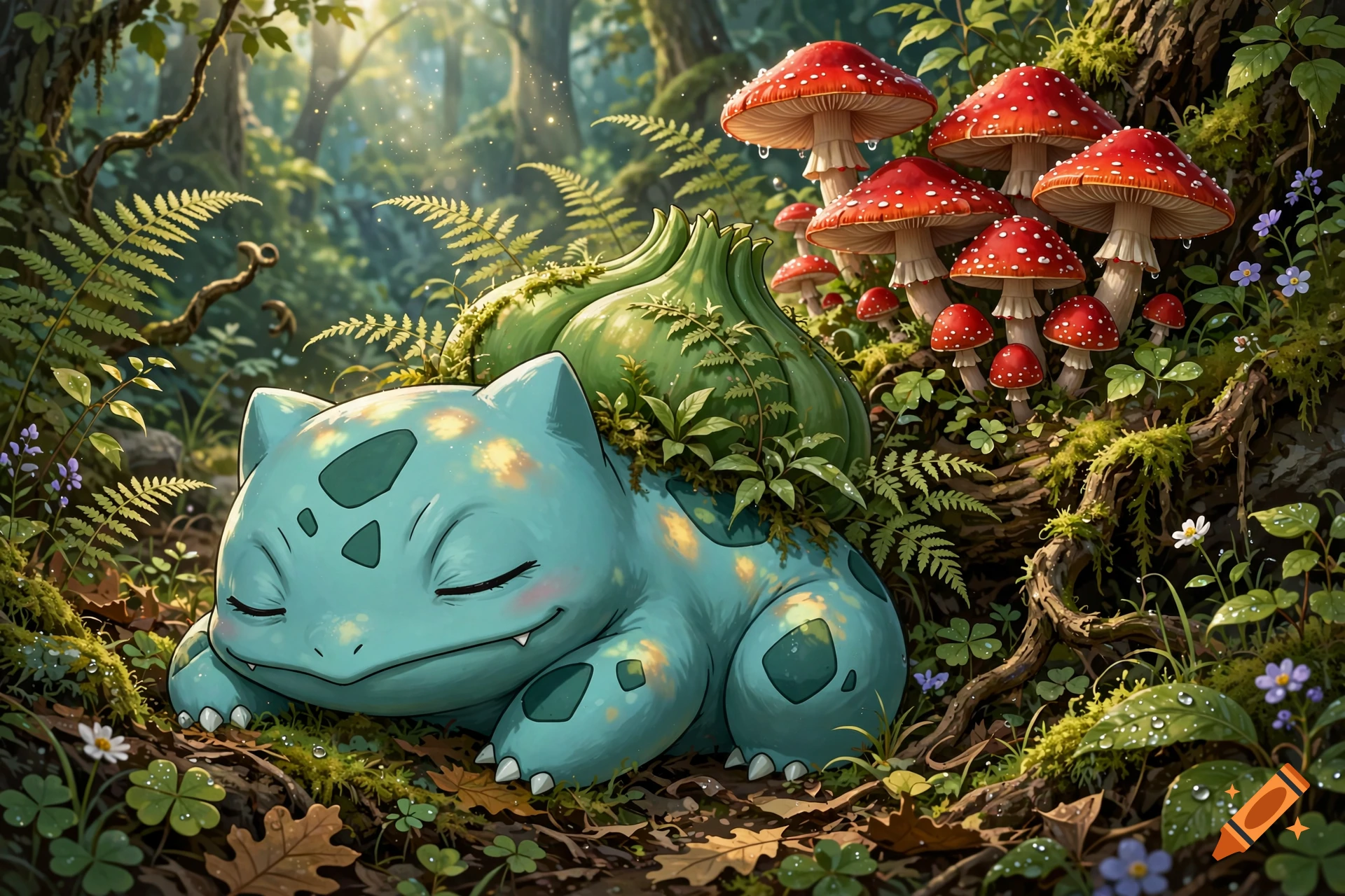 Bulbasaur sleeping peacefully on the forest floor beneath red mushrooms and ferns, digital illustration style.