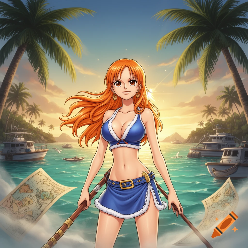 Anime illustration of Nami from One Piece in a blue bikini holding a staff, set against a tropical beach with palm trees and boats at sunset.