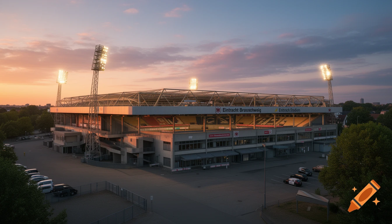 Photorealistic aerial view of Eintracht Braunschweig stadium at sunset with illuminated floodlights.